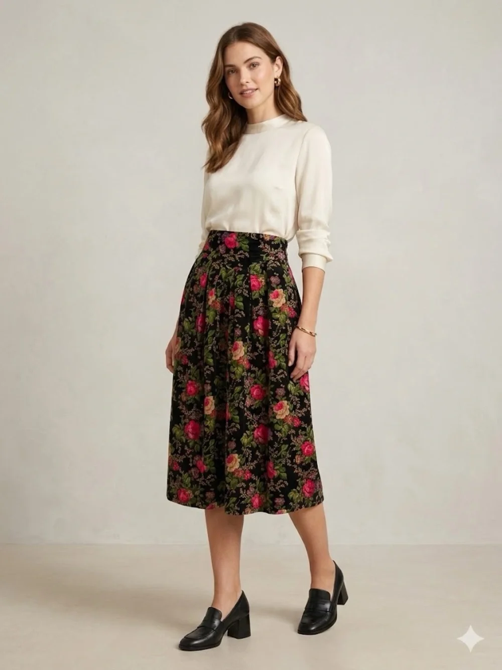 HERMAN GEIST VINTAGE VELVET COTTON Floral Midi Skirt